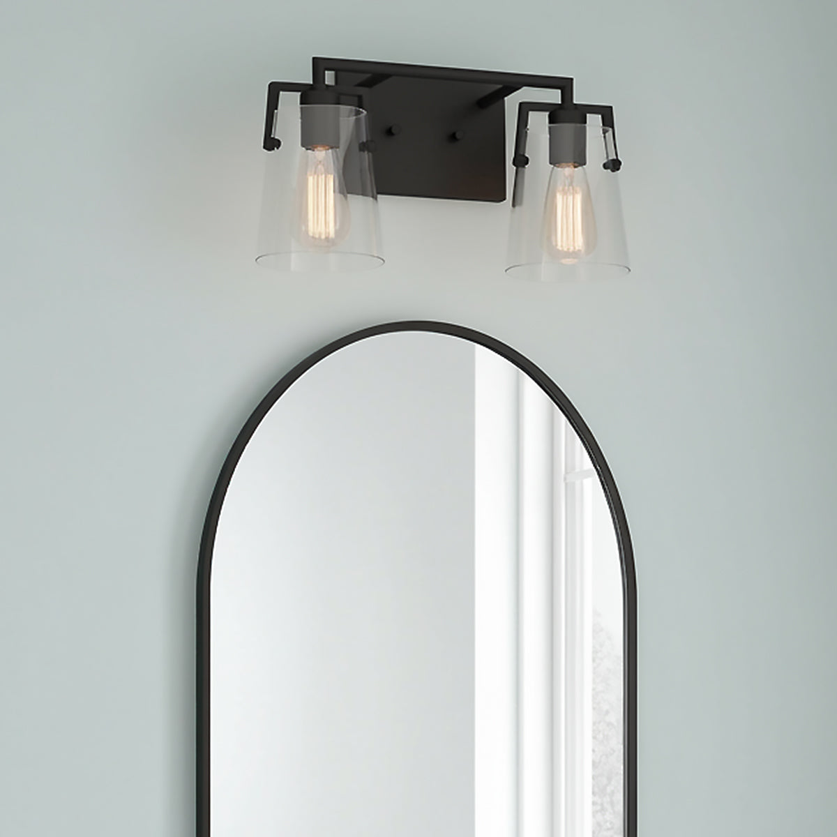 Glyn 2 Light Vanity, Matte Black for Modern home with Light Blue Wall