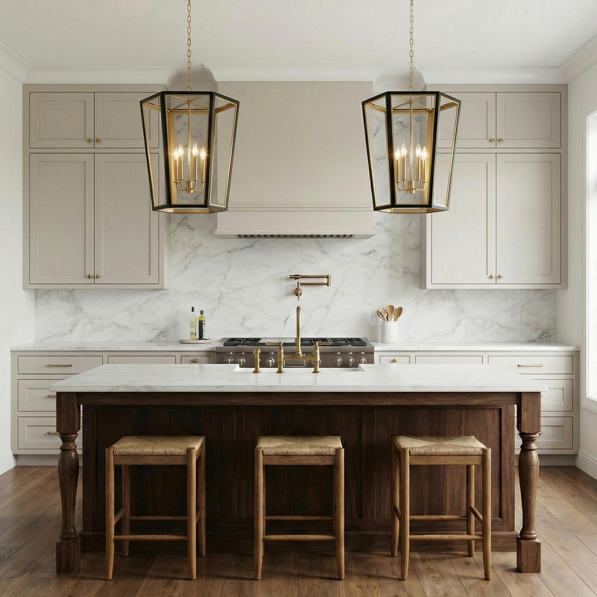 A transitional kitchen features two Rawlin Medium Lantern Pendants in matte black and brushed brass over a dark wood island with white marble and beige shaker cabinets.