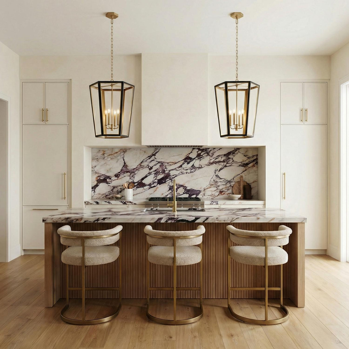 A transitional kitchen features two Rawlin Medium Lantern Pendant 21", Matte Black and Brushed Brass fixtures over a slatted wood island with a purple-veined marble backsplash.