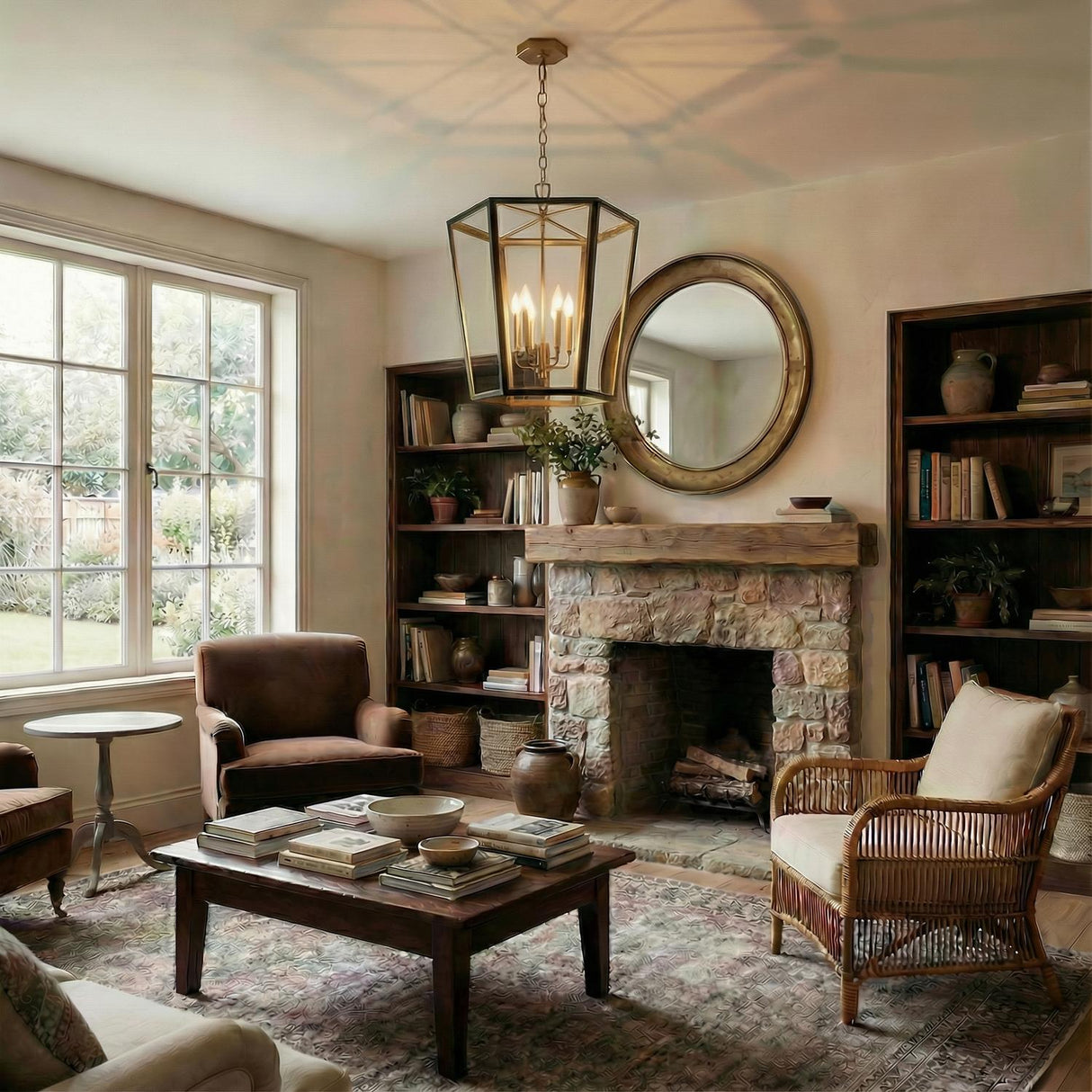 Hampton Antique Brass geometric Pendant in a Traditional Living Room with a stone fireplace and rattan chair.