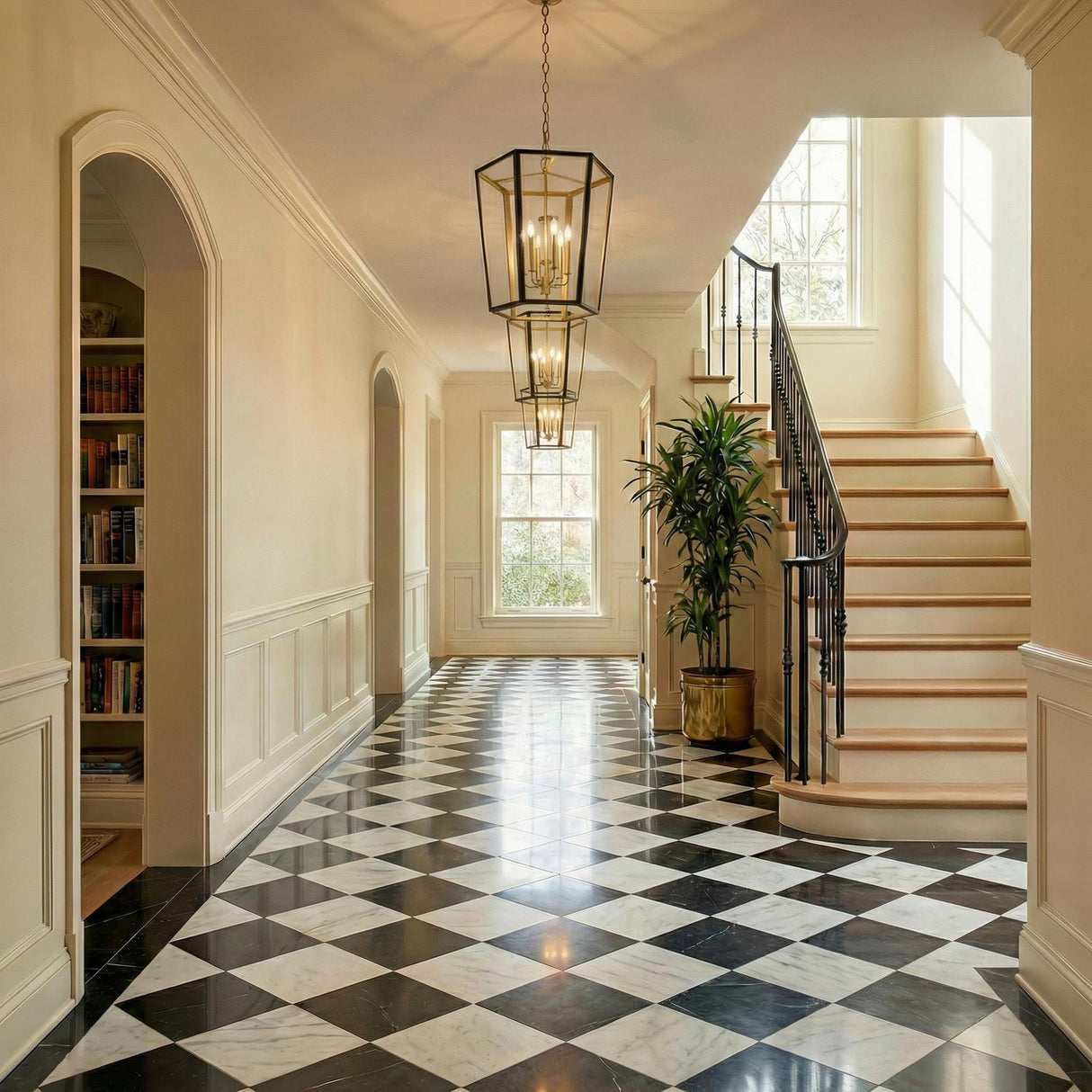 Harlow Matte Black and Gold geometric Pendant in a Traditional Entryway with a checkerboard marble floor.
