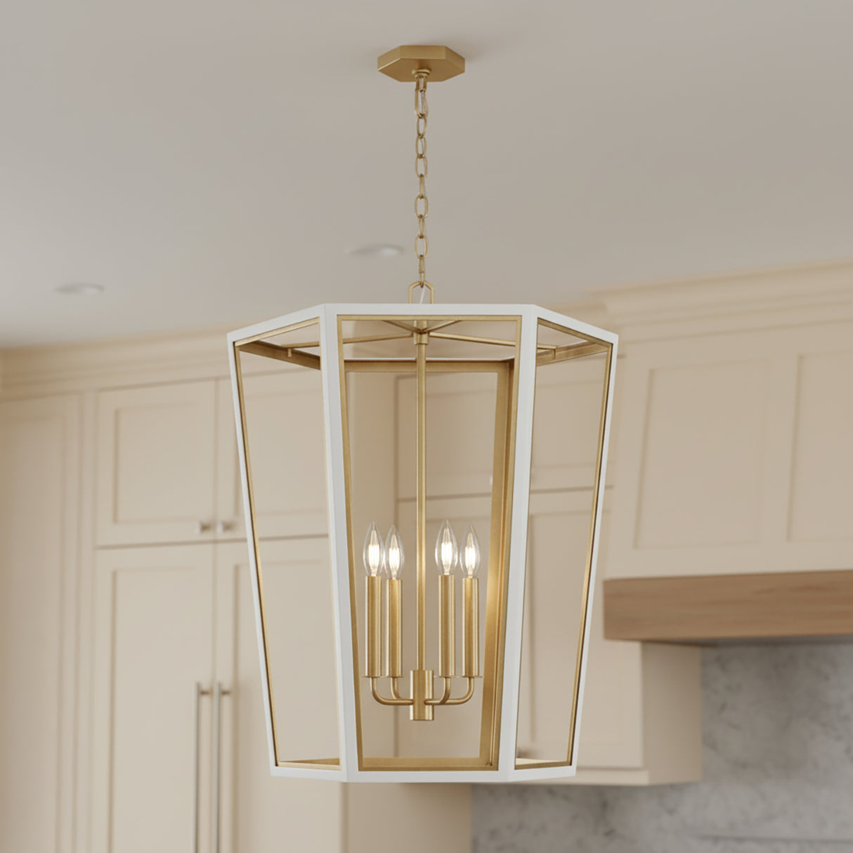 Rawlin Medium Lantern Pendant 21", Matte White and Brushed Brass for Modern Farmhouse home with White Cabinetry