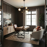 Jubilee Adjustable Chandelier 31", Black and Brass globe Chandelier in a Transitional Office with a modern wooden desk.