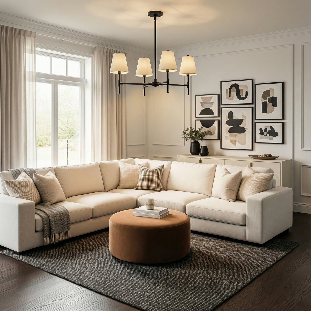 Declan 4 Light Chandelier 28", Black styled in a Contemporary Living Room with neutral tones.