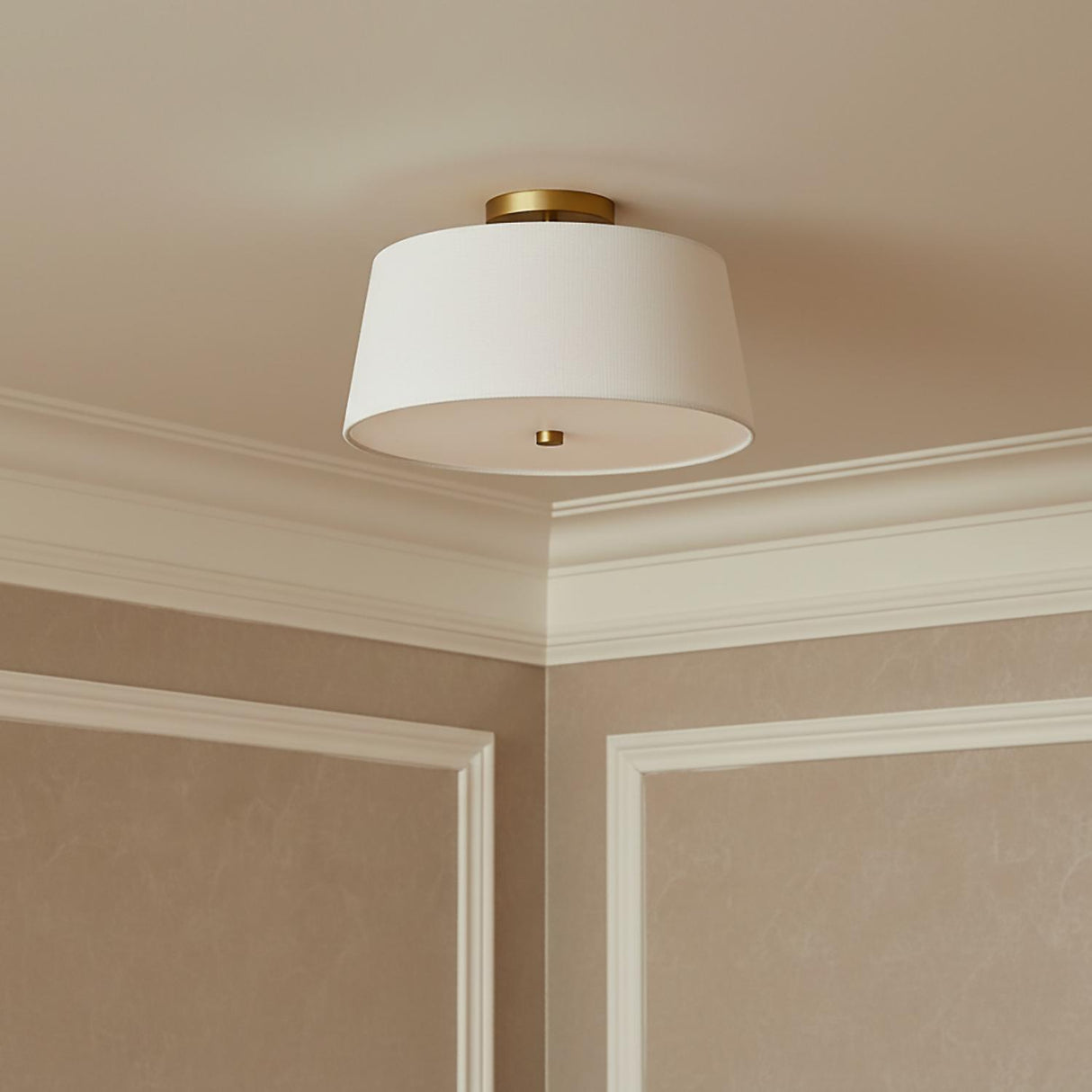 Declan Flush Mount 14" Satin Brass for Transitional home with Warm Beige Walls