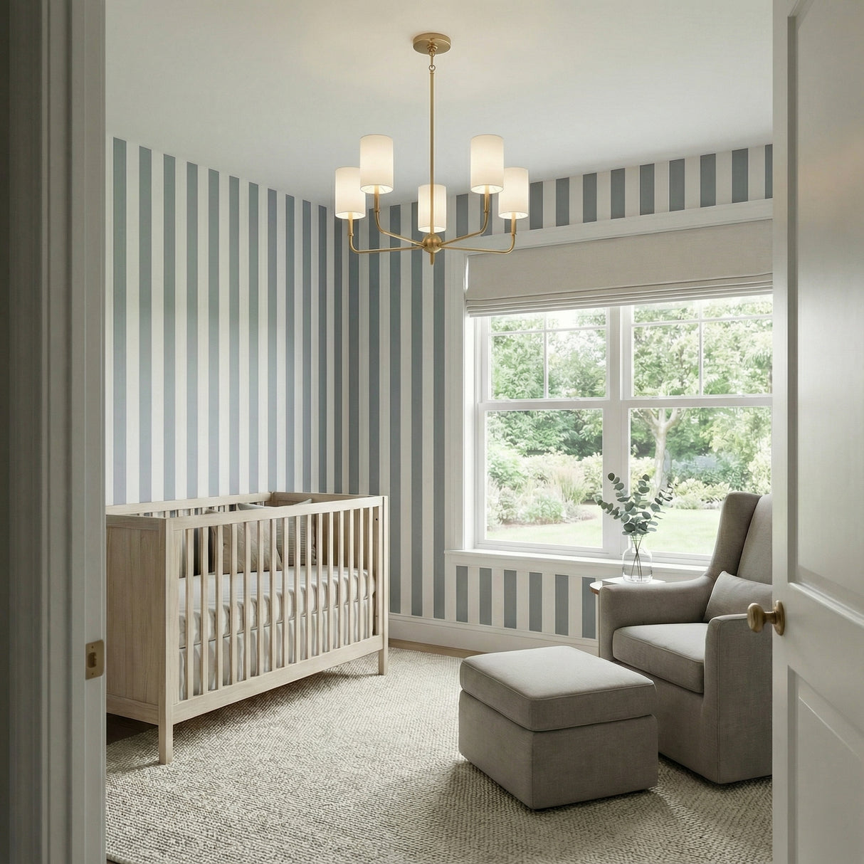 Remington 5 Light Chandelier 26", Satin Brass in a Modern Bedroom with striped walls and a light rug.