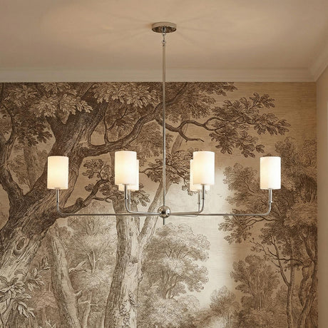 Remington 6 Light Linear Chandelier 44", Polished Nickel linear chandelier in a Transitional Dining Room with tree mural wallpaper.