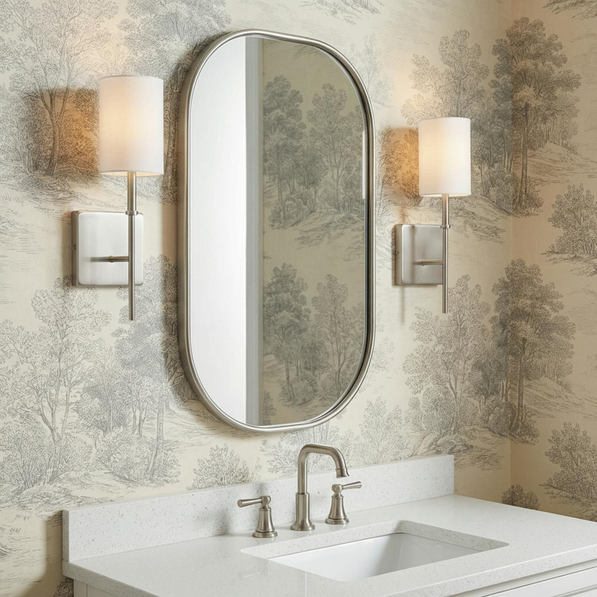 Remington Wall Sconce 15", Brushed Nickel for Traditional home with Cream Wallpaper