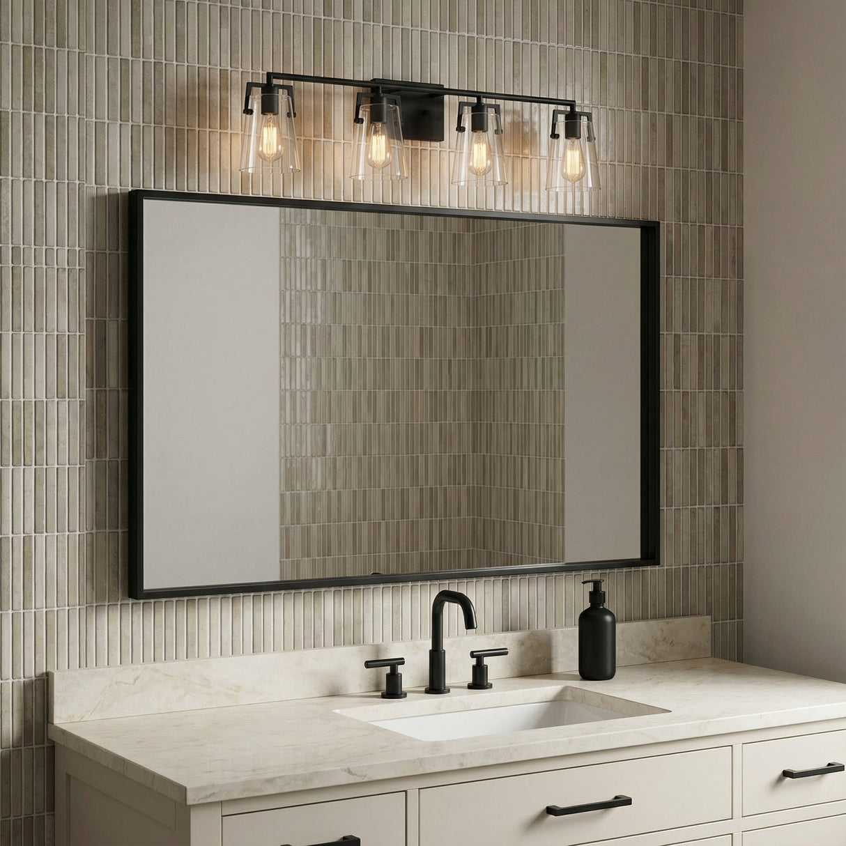 Glyn 4 Light Vanity, Matte Black for Modern home with Beige Tile