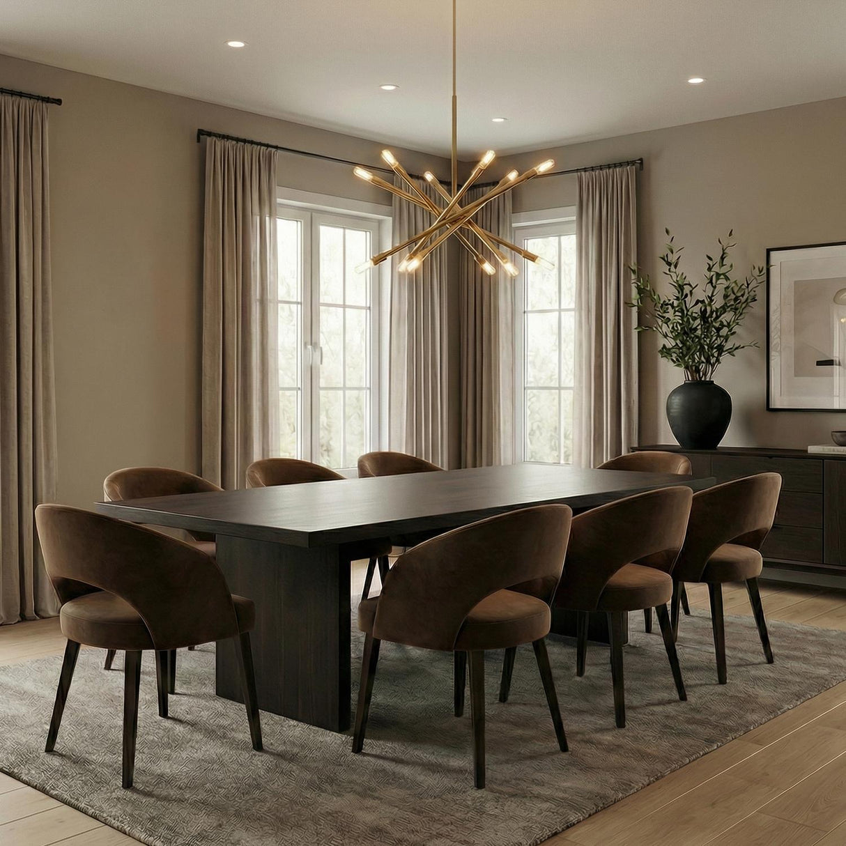 Ferris Medium Chandelier 27", Modern Brass geometric Chandelier in a Contemporary Dining Room with a dark wood table and velvet chairs.