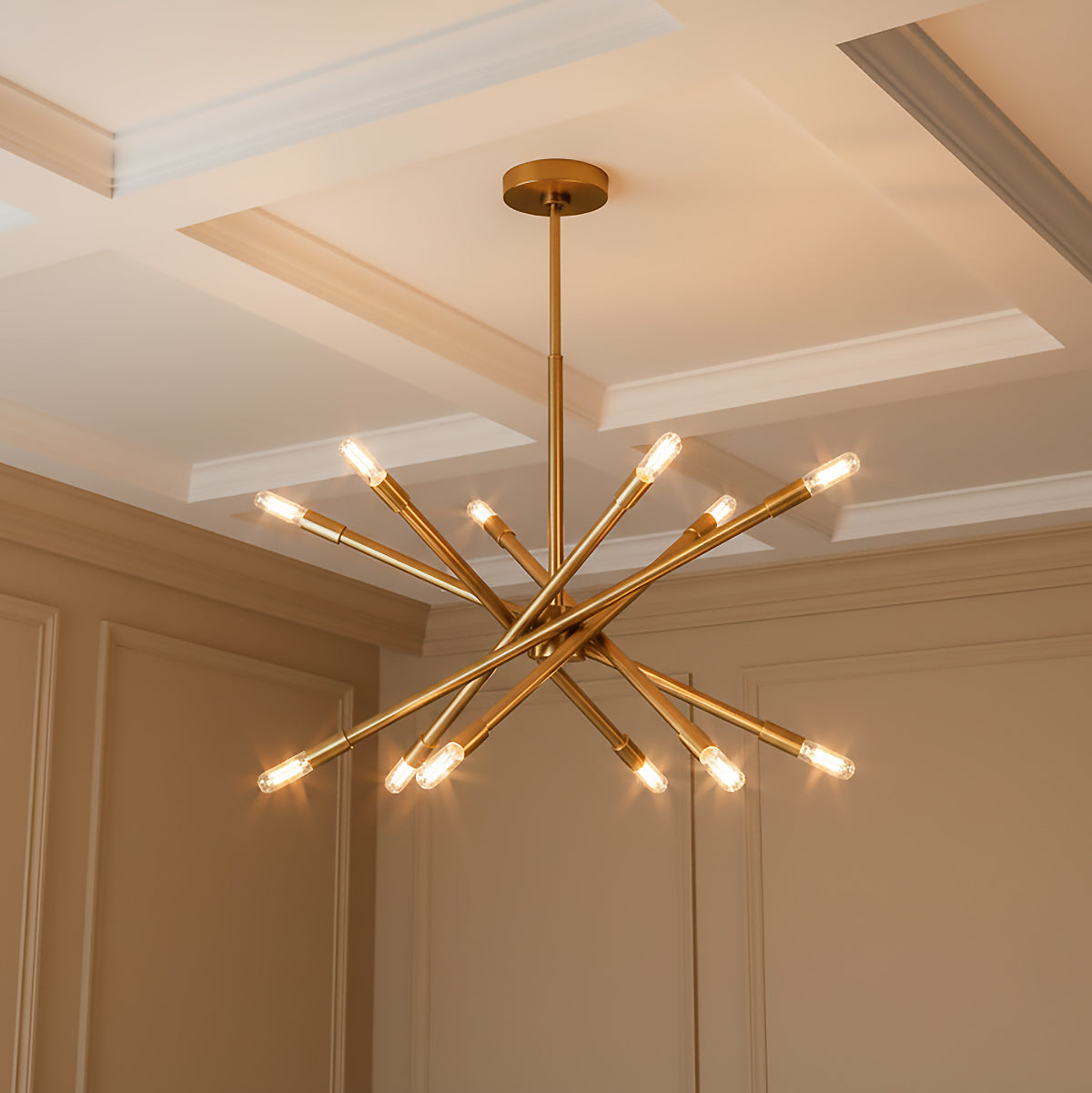 Ferris Medium Chandelier 27", Modern Brass for Modern home with Warm Beige Walls