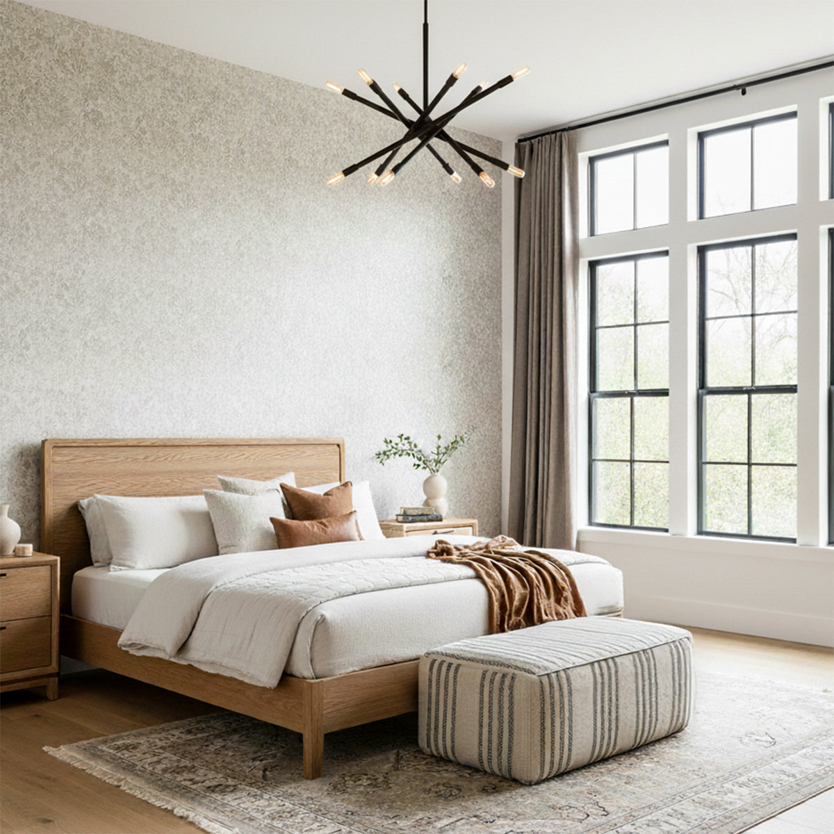 Ferris Medium Chandelier 27", Matte Black for Modern home with Textured Wallpaper