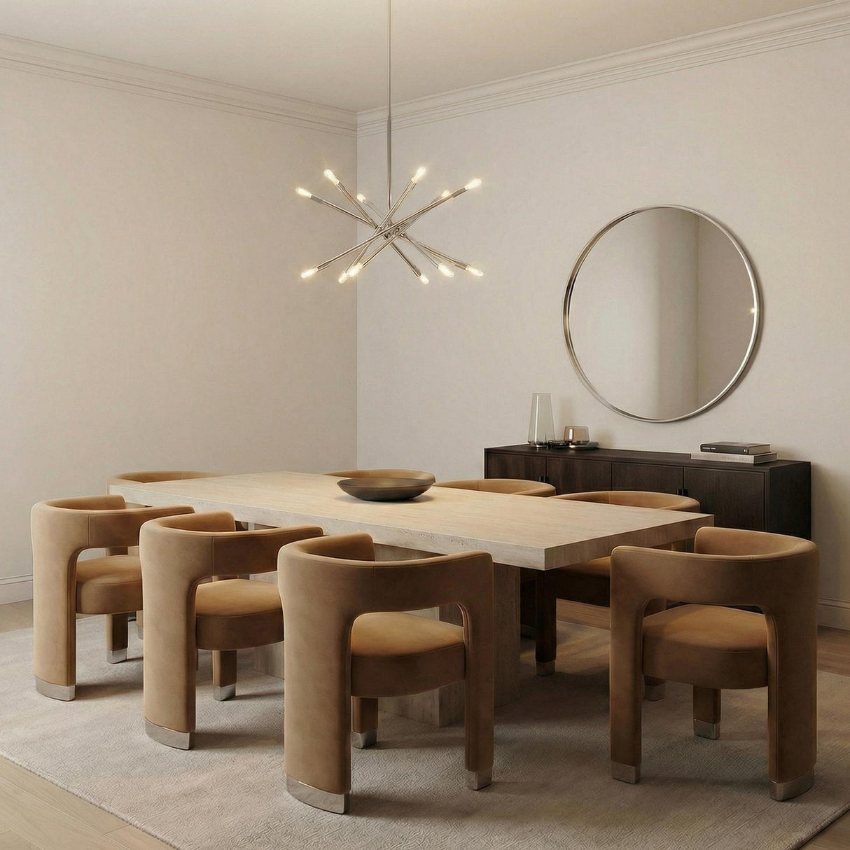 Polished Nickel geometric Chandelier in a Modern Dining Room with camel velvet chairs and a light oak table.