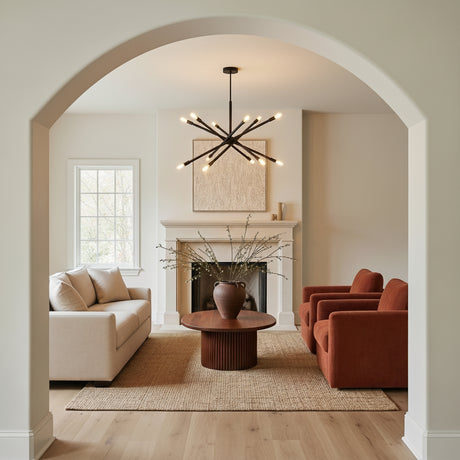 Ferris Large Chandelier 35, Matte Black styled in a Modern Living Room with wood floors.