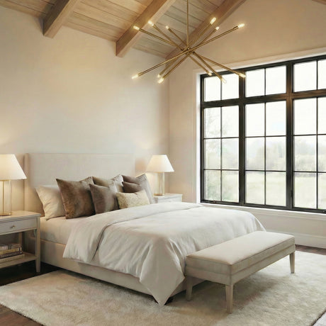 Ferris Extra Large Chandelier 42", Modern Brass geometric Chandelier in a Modern Farmhouse Bedroom with vaulted wood beams.