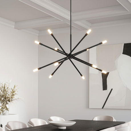 Ferris Extra Large Chandelier 42", in Matte Black, hanging in a contemporary dining room with a table and chairs.