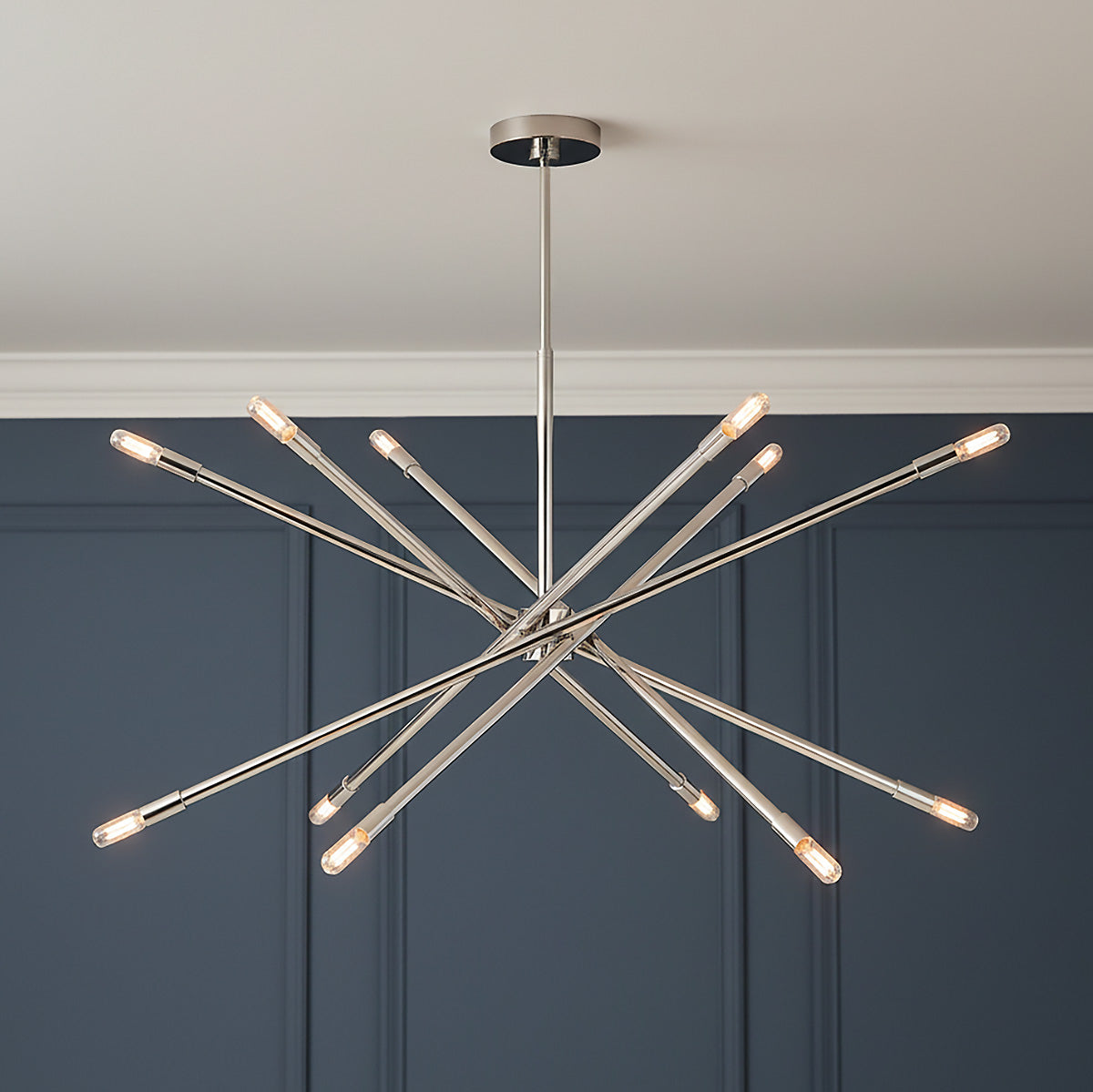 Ferris Extra Large Chandelier 42", Polished Nickel for Modern home with Dark Blue Wood