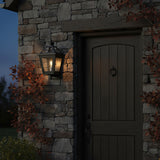 Fairmont Extra Small Outdoor Wall Light 13" - Black lantern light mounted on stone wall next to a dark wood door with autumn foliage.