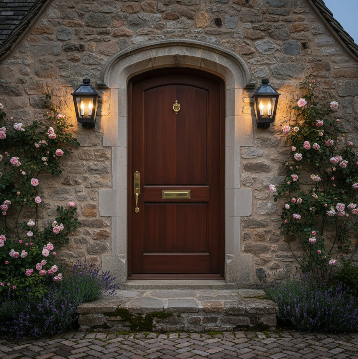 Fairmont Small Outdoor Wall Light 16, Textured Black - Two black lanterns flank a wood door with climbing roses and lavender.