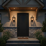 Two Fairmont Small Outdoor Wall Lights 16", in Textured Black on a tutor style home