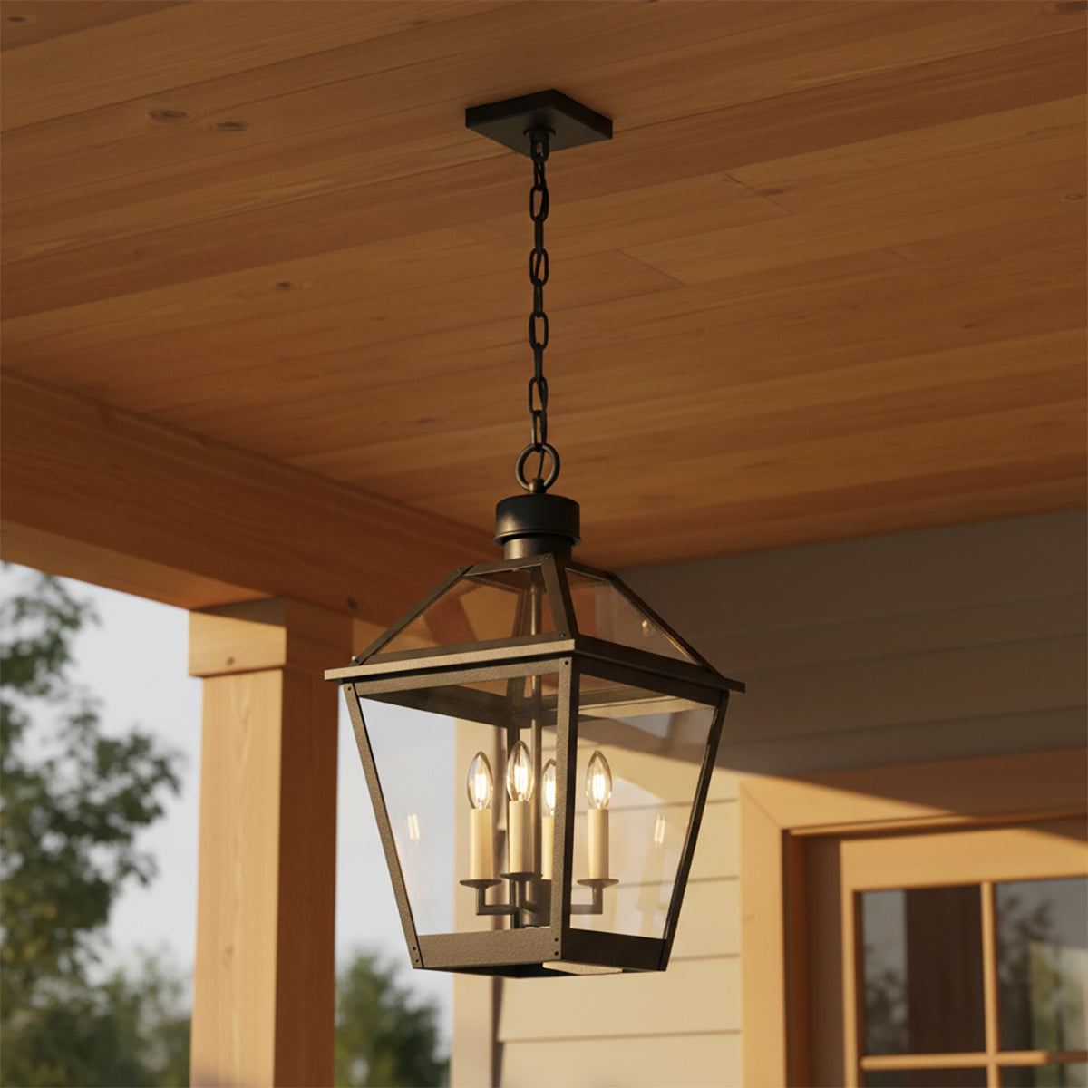 Fairmont Large Outdoor Hanging Light 14", Textured Black for Transitional home with Beige Siding