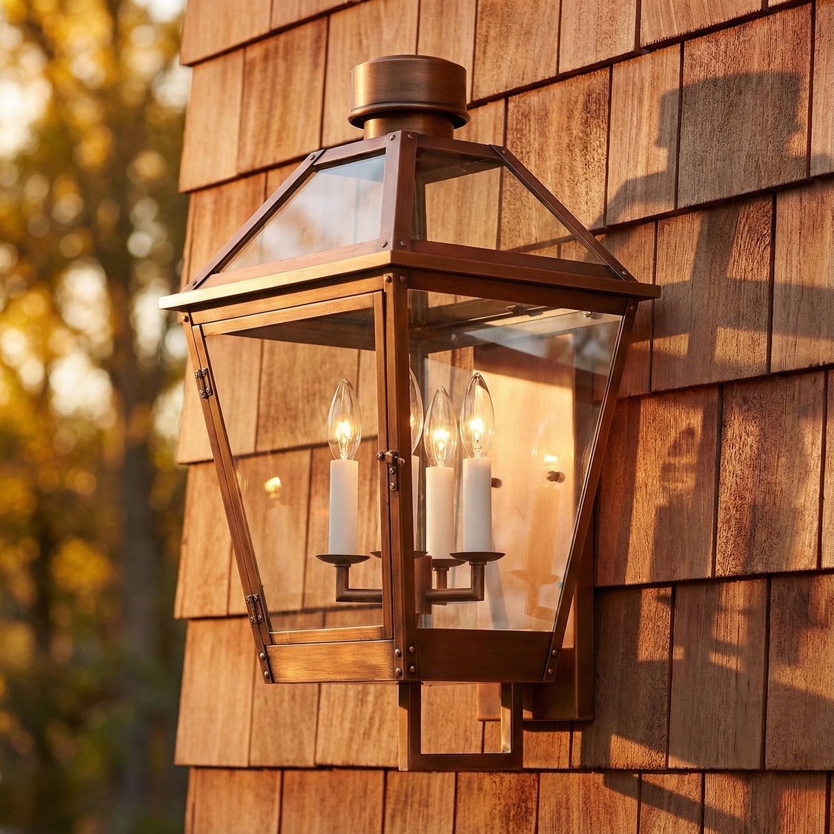 Fairmont Large Outdoor Wall Light 24", Copper for Modern Farmhouse home with Natural Wood Siding