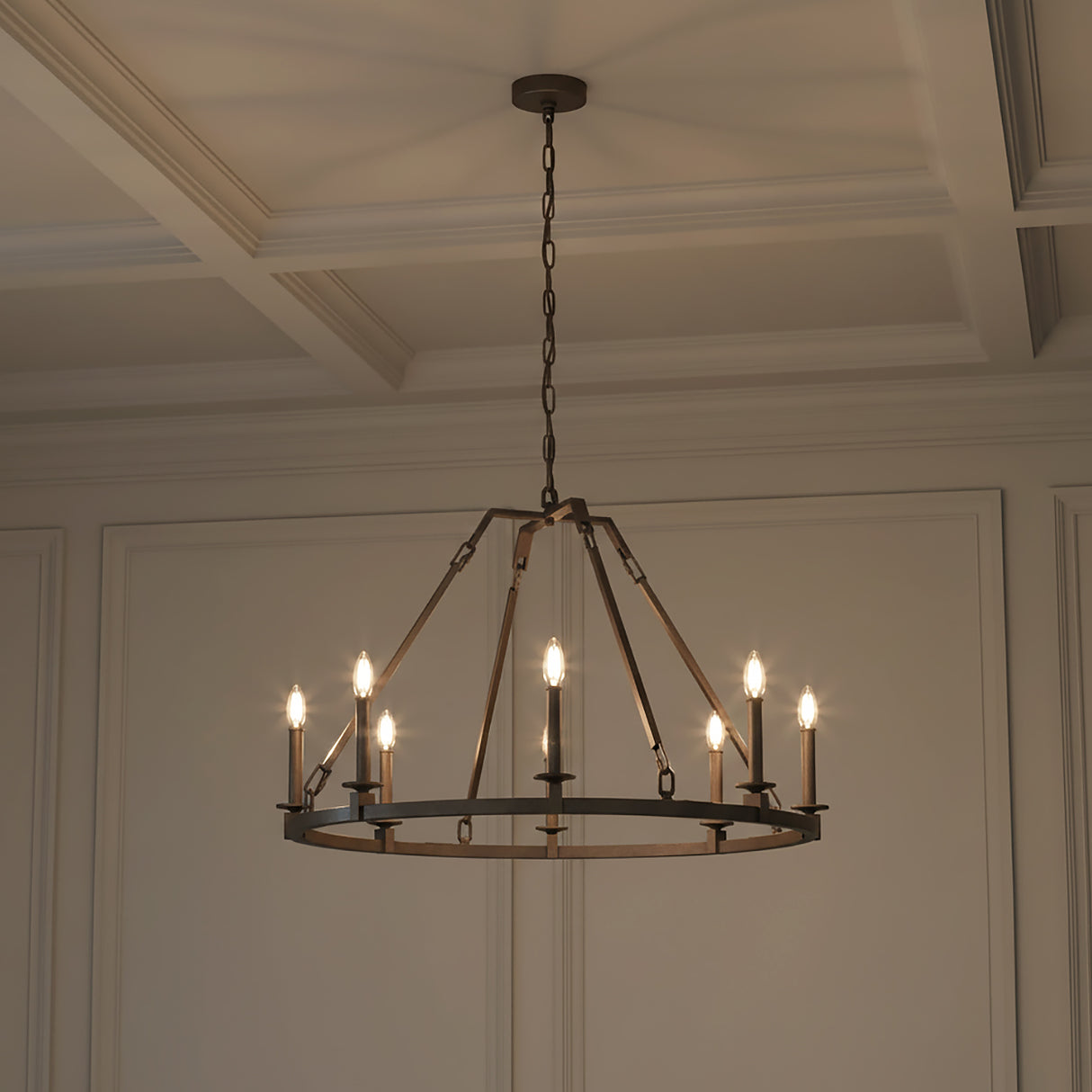 Bernard Medium Ring Chandelier 34", Aged Steel for Modern Farmhouse home with White Wood