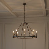 Bernard Medium Ring Chandelier 34", Aged Steel for Modern Farmhouse home with White Wood