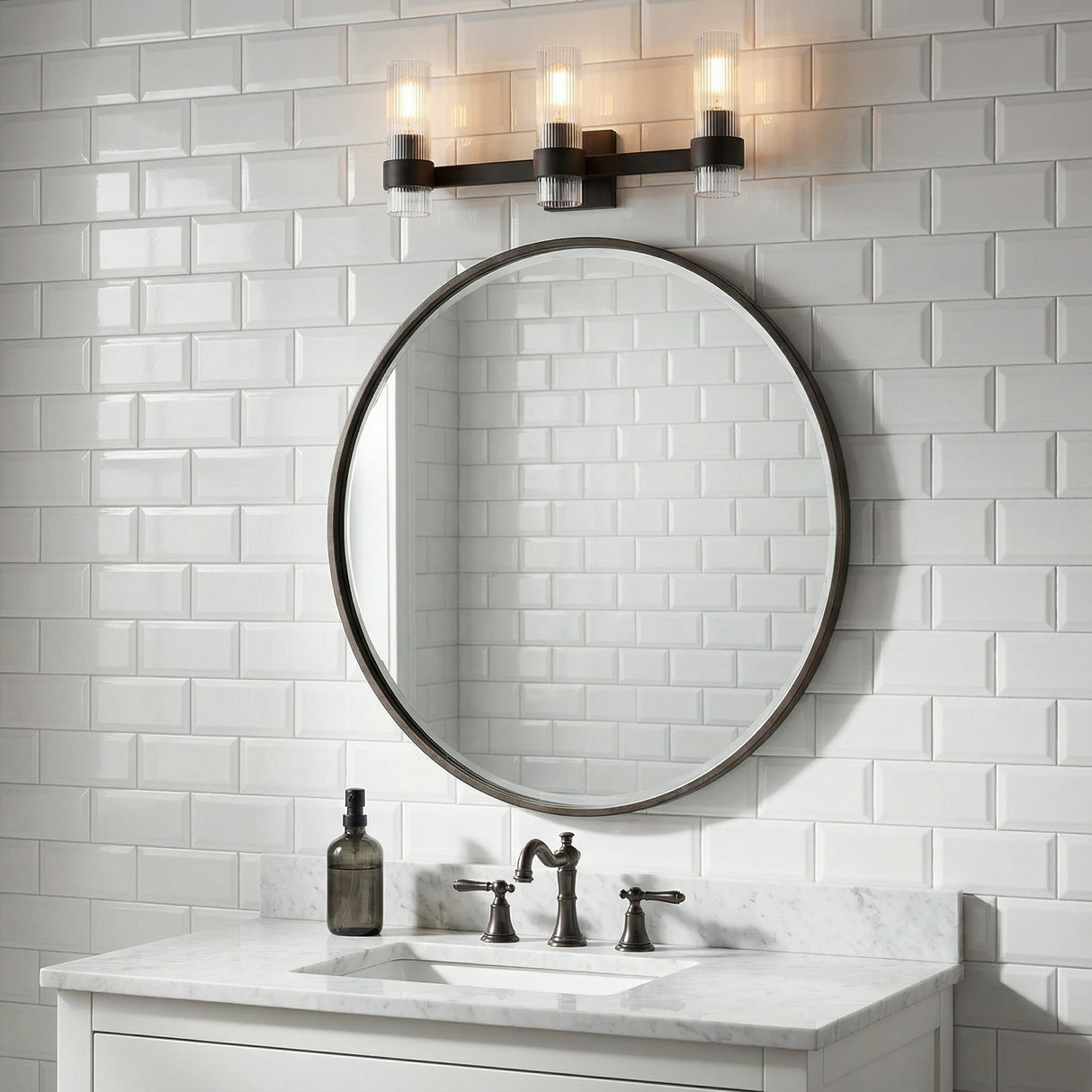 Barclay 3 Light Vanity, Aged Iron for Modern Farmhouse home with White Shiplap