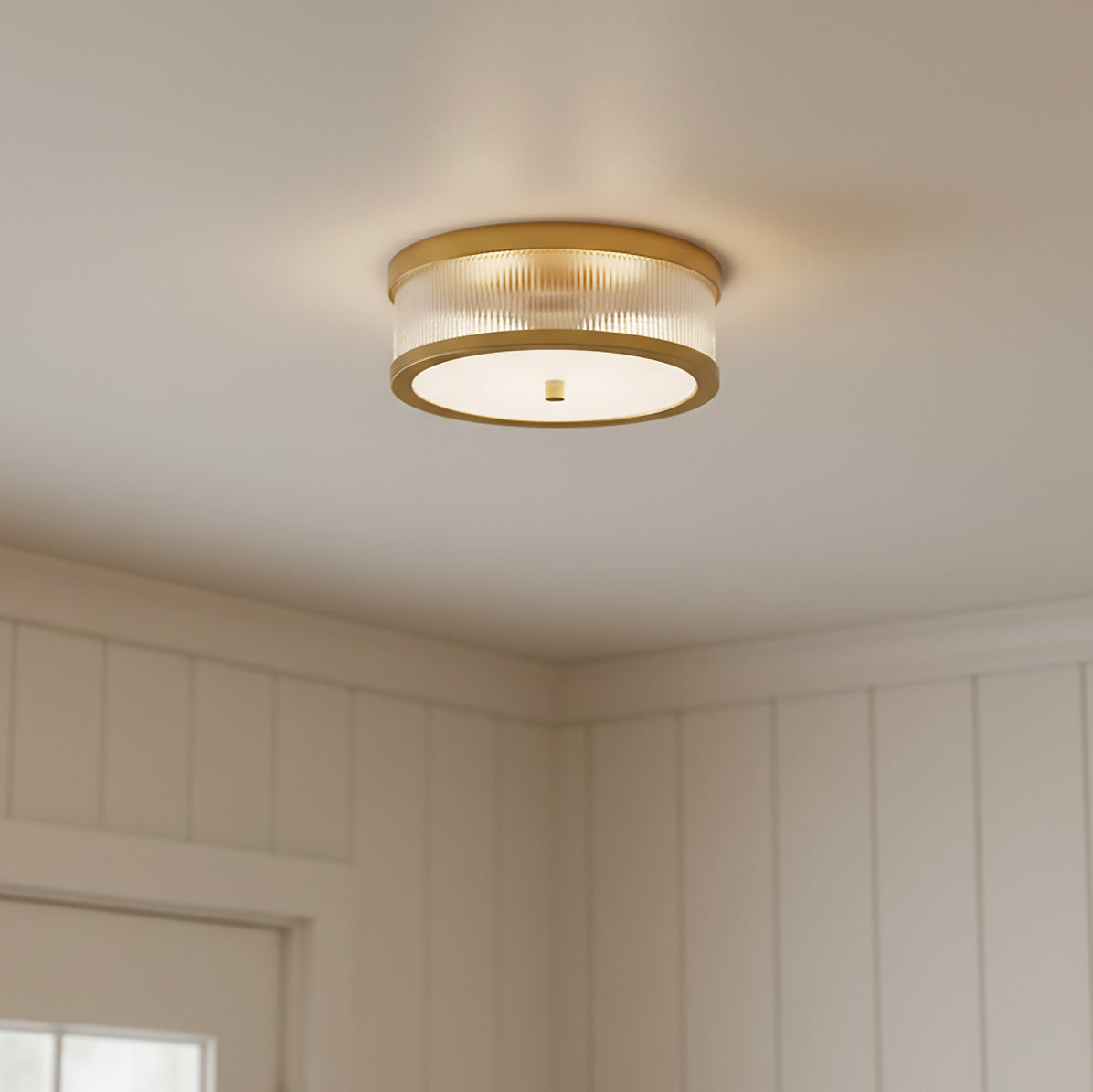 Barclay Flush Mount 14" Modern Brass for Modern Farmhouse home with White Shiplap