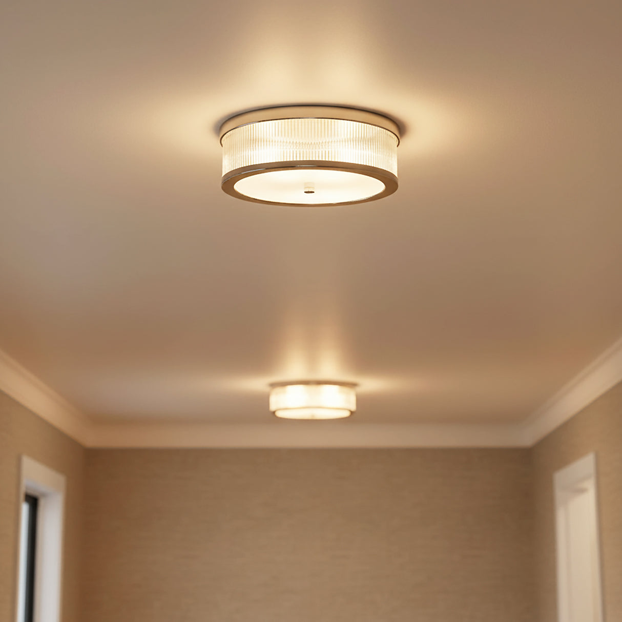 Barclay Flush Mount 14" Polished Nickel for Modern home with Textured Beige Walls