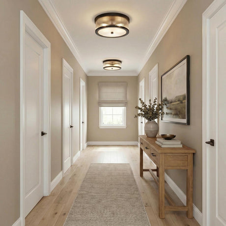 Barclay Flush Mount 14", Aged Iron ribbed glass flush mount in a Transitional Hallway with a wooden console table and neutral runner.