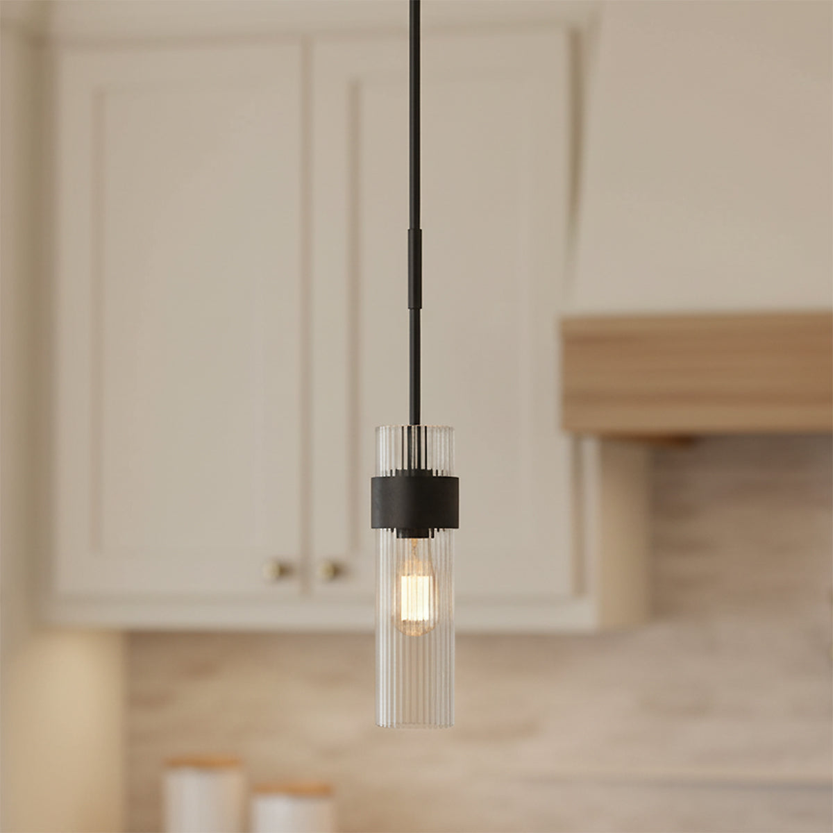 Barclay Small Pendant 3, Aged Iron for Modern home with Cream Shiplap