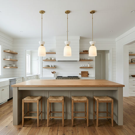 Matilda Small Pendant 9, Modern Brass and Milk Glass for Modern Farmhouse home with White Siding