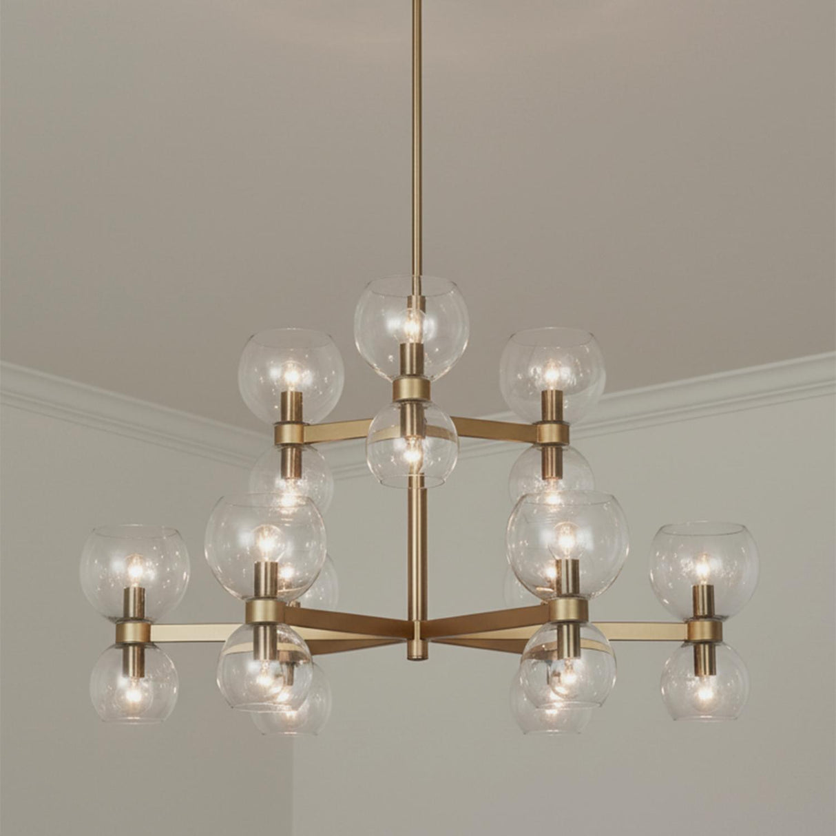 Matilda 18 Light Two-Tier Chandelier 36", Modern Brass and Clear Glass