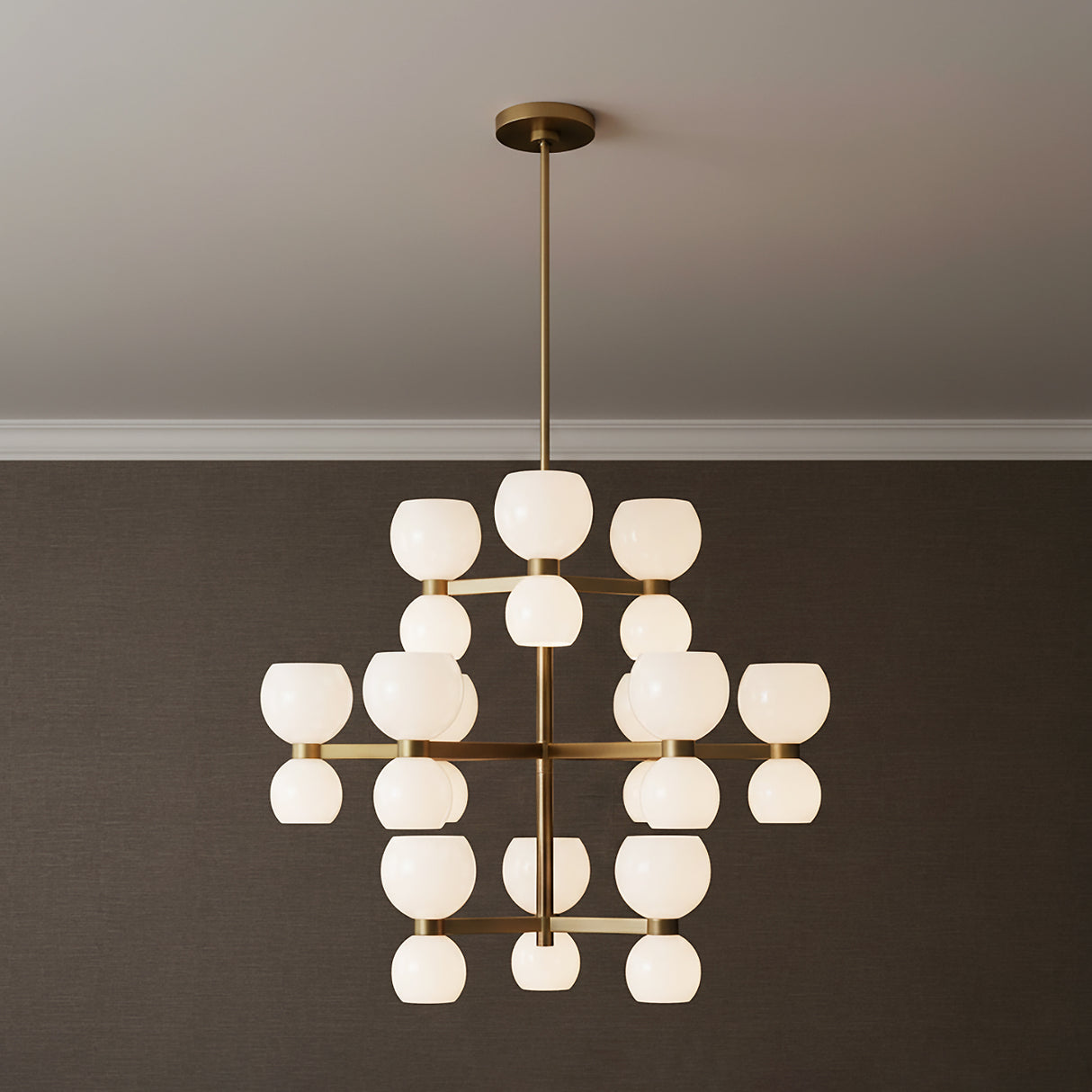 Matilda Large Three-Tier Chandelier 36" Modern Brass and Milk Glass for Modern home with Dark Gray Textured wallpaper