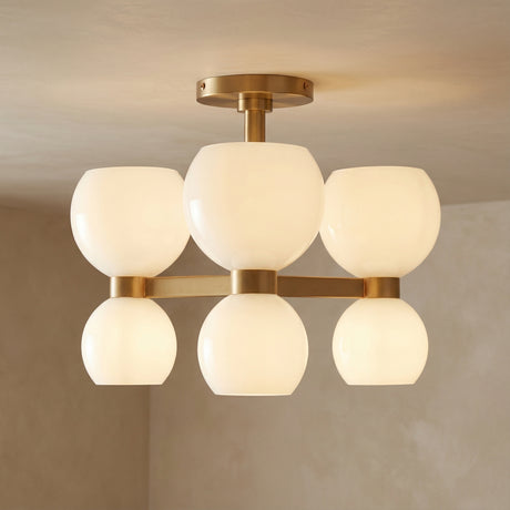 Matilda Semi-Flush 20" Modern Brass and Milk Glass in a Modern Living Room with neutral walls.
