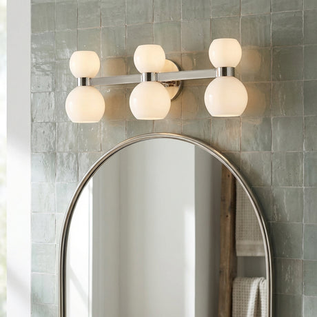 Matilda 3 Light Vanity, Polished Nickel and Milk Glass for Modern home with Light Gray Tile