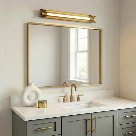 Robin Large LED Vanity 28", Modern Brass linear Vanity in a Modern Bathroom with a white marble vanity.