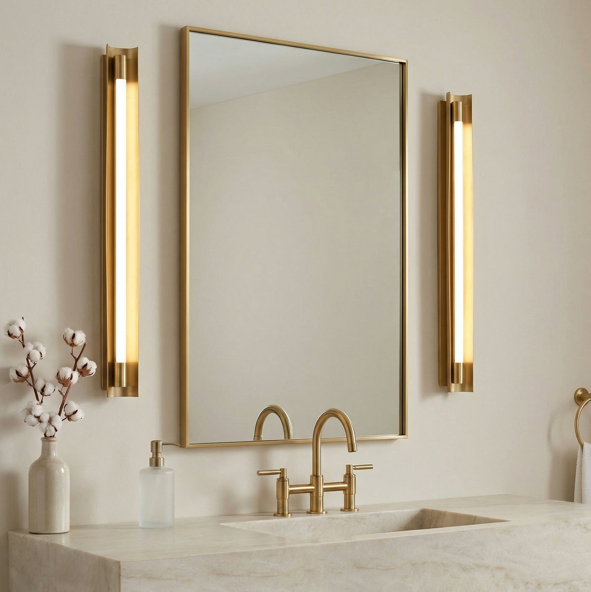 Robin Extra Large LED Vanity 36", Modern Brass for Modern home with Beige Siding