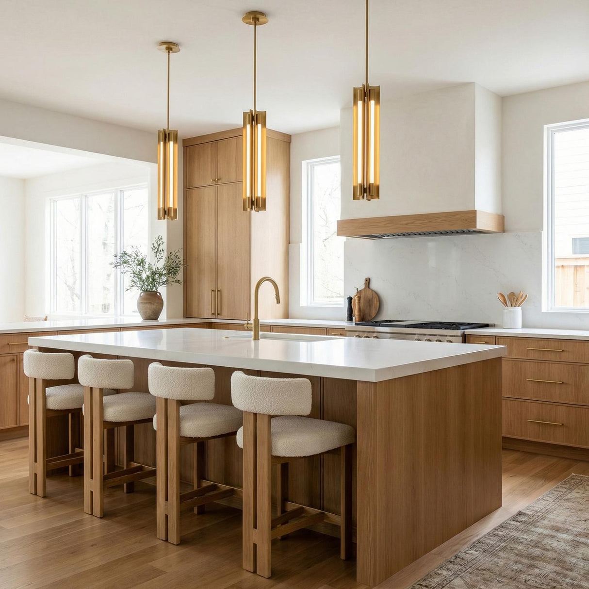 Robin Slim 4 Light LED Pendant 5", Modern Brass linear pendant in a Modern Kitchen with a white marble island and bouclé stools.