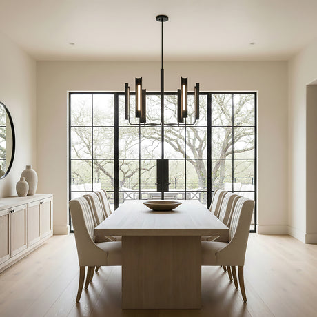 Robin 6 Light LED Chandelier 36", Matte Black styled in a Modern Dining Room with light wood floors and neutral walls.
