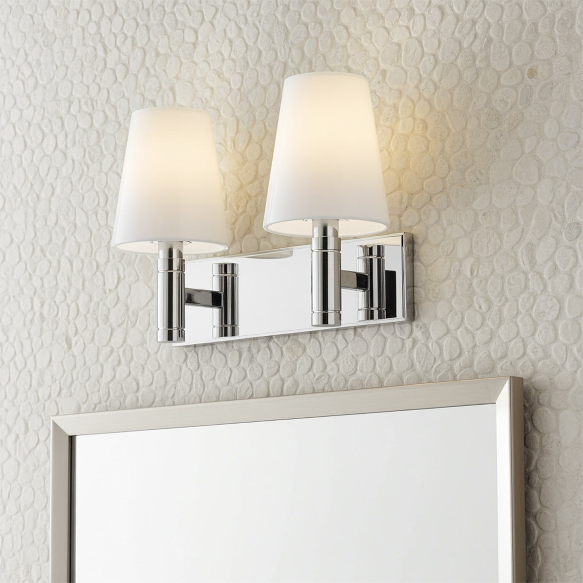 Petra 2 Light Vanity, Polished Nickel and Milk Glass for Modern home with White Tile