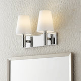 Petra 2 Light Vanity, Polished Nickel and Milk Glass for Modern home with White Tile