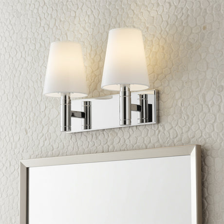 Petra 2 Light Vanity, Polished Nickel and Milk Glass for Modern home with White Tile