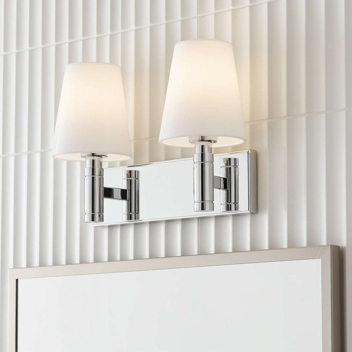 Petra 2 Light Vanity, Polished Nickel and Milk Glass for Modern home with White Tile