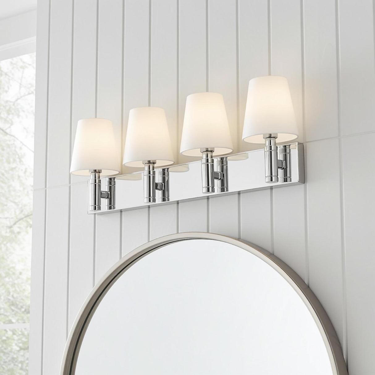 Petra 4 Light Vanity, Polished Nickel and Milk Glass
