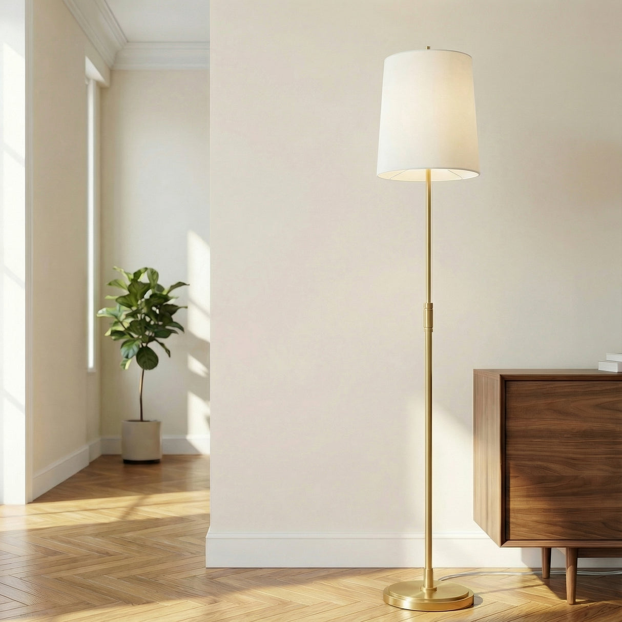 Petra Floor Lamp 65", Modern Brass linear Floor Lamp in a Transitional Living Room with a wooden credenza.