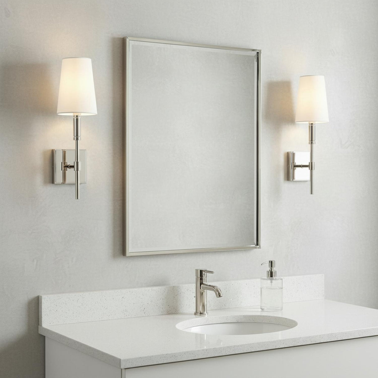 Petra Wall Sconce 17, Polished Nickel for Modern home with Gray Stucco