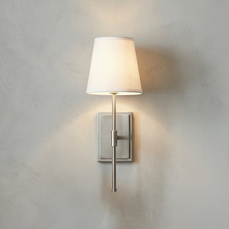 Declan Wall Sconce 19", Brushed Nickel linear wall sconce in a Transitional Living Room with a neutral textured wall.